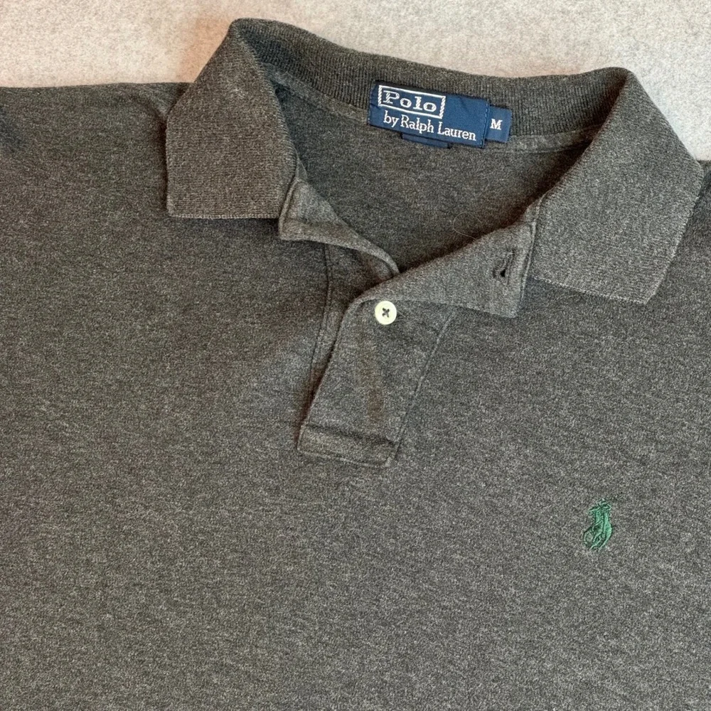 Polo Ralph Lauren Mens Medium Gray Short Sleeve Cotton Polo Shirt Green Logo